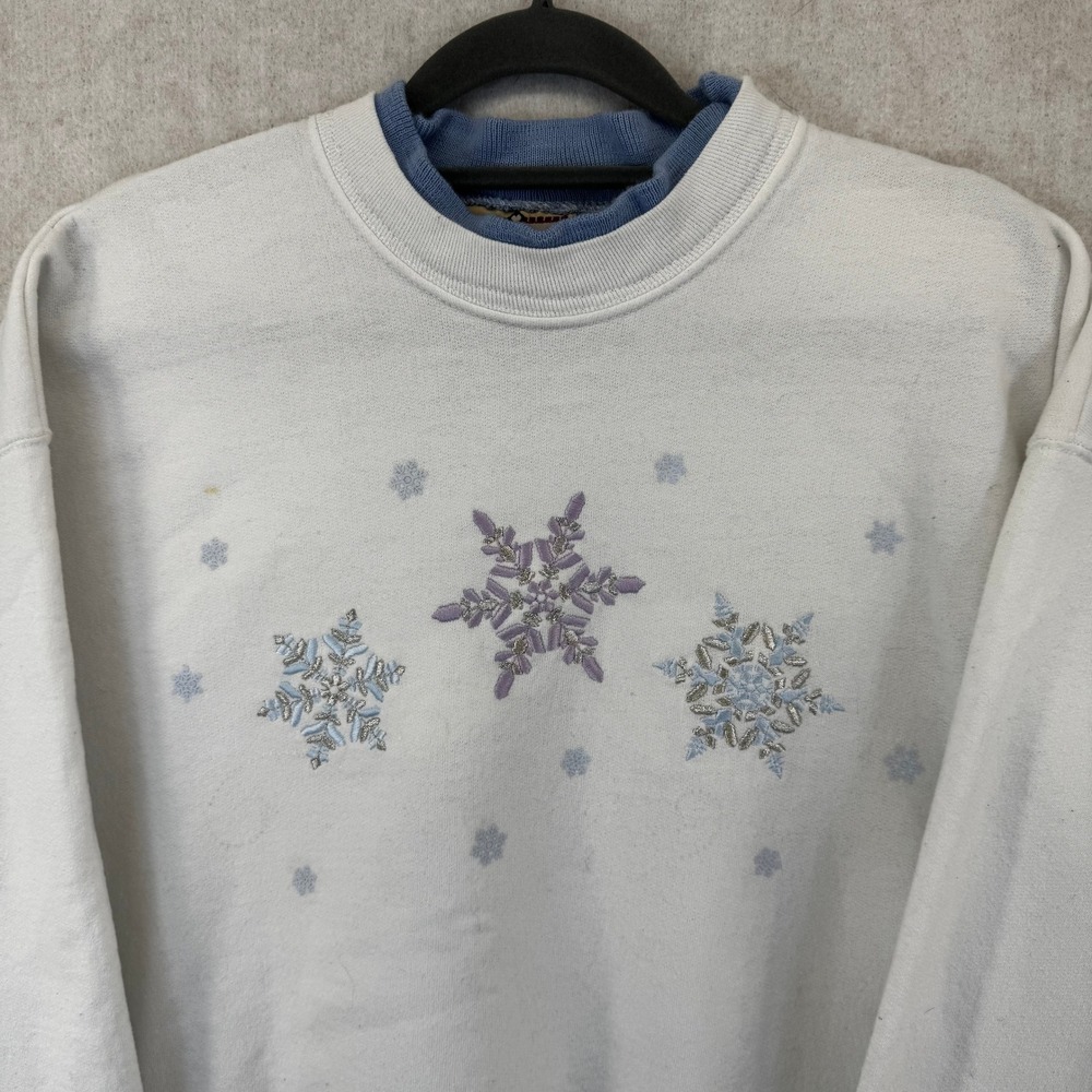 Vtg Top Stitch Large Christmas Holiday Snowflake Embroidered Sweatshirt White